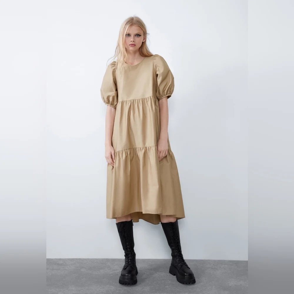 Zara Tan Cotton Puff Sleeves Tiered Maxi Dress. - Picture 2 of 11
